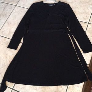 Black belted dress with wrap front.